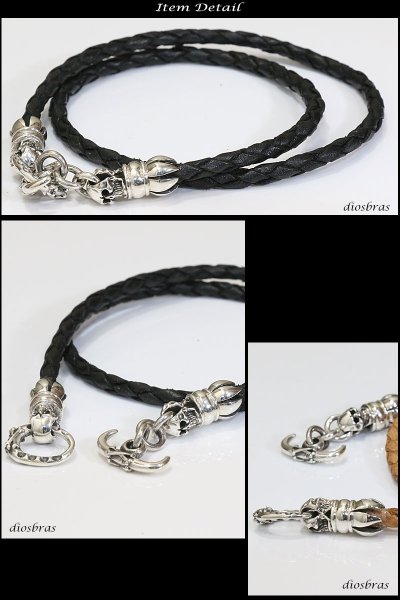 画像4: レザーネックレス シルバーネックレス 骸骨 アラベスク 唐草 2連レザー レザーチョーカー ネックレス 4本編み フック スカル ドクロ ボーン シルバー925製 スカル ユリ クロス 丸革紐 メンズ レディース【SA】【diosbras-ディオブラス-】 (4)