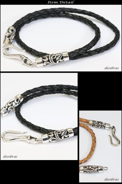 画像4: レザーブレスレット シルバーブレスレットアラベスク 唐草 2連レザーブレスレット4本編み フック 百合 ユリの紋章 リリー Tバー スカル ドクロ ボーン シルバー925製 スカル ユリ クロス メンズ レディース【SA】【diosbras-ディオブラス-】 (4)