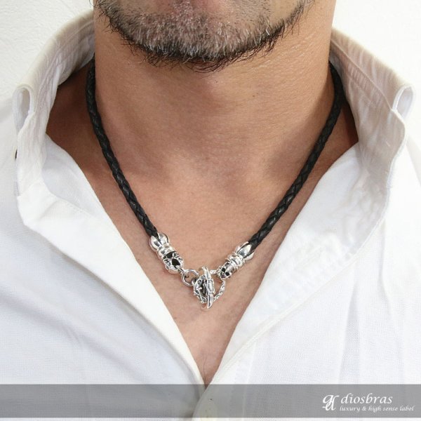 画像5: レザーネックレス シルバーネックレス 骸骨 アラベスク 唐草 2連レザー レザーチョーカー ネックレス 4本編み フック スカル ドクロ ボーン シルバー925製 スカル ユリ クロス 丸革紐 メンズ レディース【SA】【diosbras-ディオブラス-】 (5)