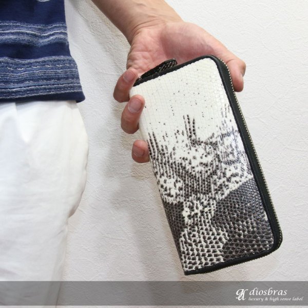 画像2: 財布 ラウンドファスナー メンズ レディース 本革 リザード トカゲ革 大容量 ラウンドファスナー ウォレット  ラウンド ジッパー ＺＩＰＰＥＲ 財布 ヌメ革 レザーウォレット ロングウォレット バイカー 長財布 牛革 紳士 婦人 ブラック　ホワイト　グレー (2)