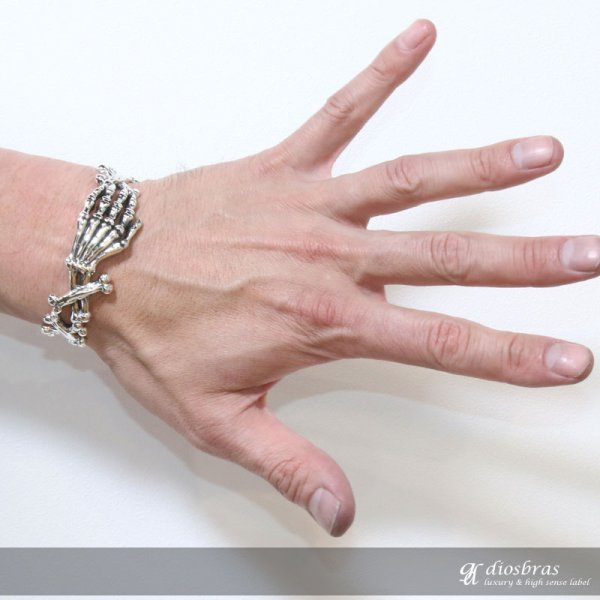 画像4: スカル バングル スカルヘッド 髑髏 骸骨 ボーン プレート チェーン シルバーブレスレット (4)