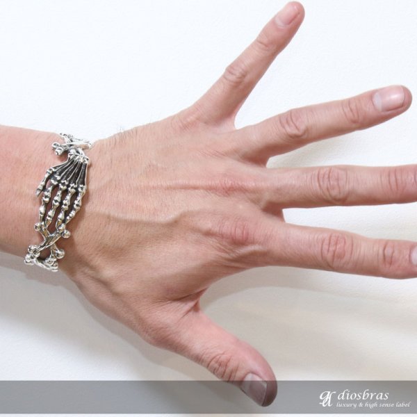 画像2: スカル バングル スカルヘッド 髑髏 骸骨 ボーン プレート チェーン シルバーブレスレット (2)