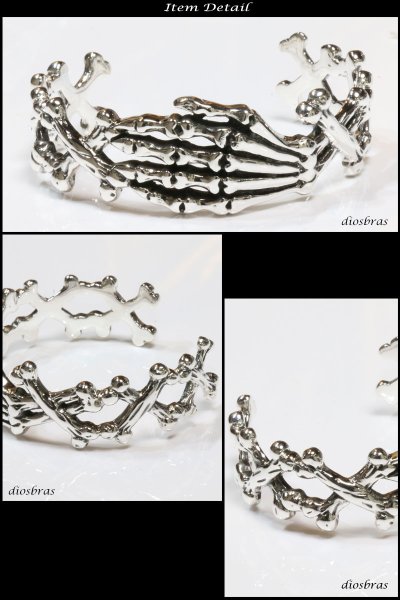 画像3: スカル バングル スカルヘッド 髑髏 骸骨 ボーン プレート チェーン シルバーブレスレット (3)