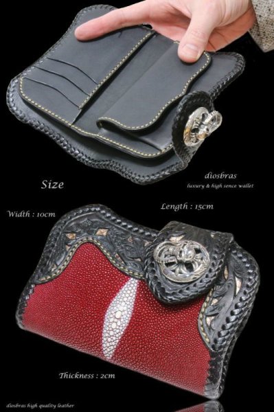 画像5: バイカーズウォレット レザーウォレット メンズ ハーフ ミドル ウォレット 本革 赤 レッド スティングレイ エイ革 レザー サドルレザー 透かし彫り カービング パイソン 蛇 バイカーズウォレット レザーウォレット メンズ  革財布 皮財布  天然皮革 ウォレット お財布 (5)