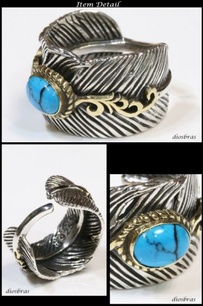 画像2: 【シルバー925】フェザー 指輪 リング /フリーサイズ インディアンジュエリー/シルバー/羽/ネイティブ系 イーグル フェザーリング  シルバーアクセサリー メンズ シルバーリング 指輪 メンズアクセサリー 大きいサイズ ターコイズ　トルコ石【メール便なら全国送料無料】 (2)