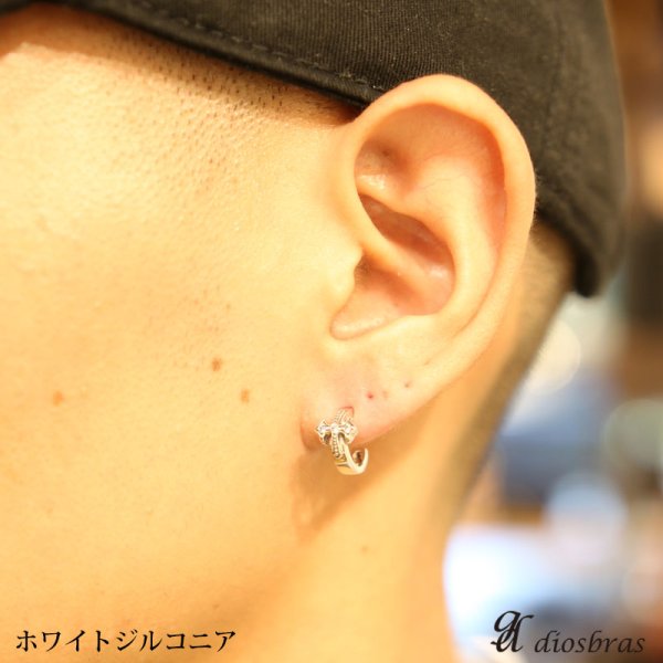 画像2: フープピアス クロス十字架 ゴシック ジルコニア ブラック ホワイト リング ピアス リリー リング シルバー925 ピアス メンズ レディース 激安ピアス イヤリング アクセサリー【フープ】本物シルバー925◇片方ピアス メンズ レディース シンプル (2)