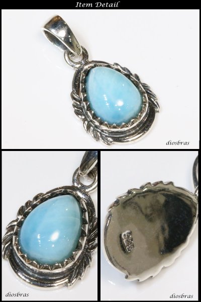 画像3: ラリマー ペンダントドミニカ産 【オーバル ペンダント トップ】雫型　しずく　ドロップ型　存在感のあるラリマー　ナバホ　パワーストーン インディアンジュエリー鷹・イーグル羽根/シルバー925/フェザーネックレス ネックレス メンズ レディース≪メール便送料無料≫ (3)