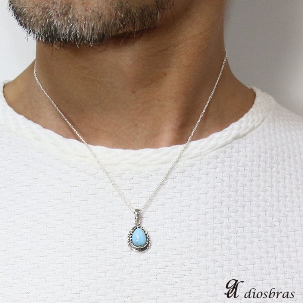 画像4: ラリマー ペンダントドミニカ産 【オーバル ペンダント トップ】雫型　しずく　ドロップ型　存在感のあるラリマー　ナバホ　パワーストーン インディアンジュエリー鷹・イーグル羽根/シルバー925/フェザーネックレス ネックレス メンズ レディース≪メール便送料無料≫ (4)