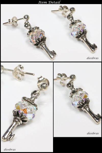 画像2: 本物シルバー925 スワロフスキー クリスタル 十字架 クロス キーデザイン 鍵 両耳ピアス ペア 1セット メンズ レディース ブリリアンカット 多角カッティング  シルバー925 (2)