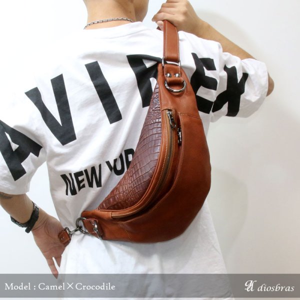 画像7: ボディバッグ 本革 ワンショルダーバッグ 革 メンズ ハンドメイド レザー | ボディーバッグ レザーバッグ ショルダーバッグ 牛革 ショルダーバック ショルダー ギフト 誕生日プレゼント バッグ ボディバック 大容量 ペットボトル ワンショルダー 型押しクロコダイル (7)