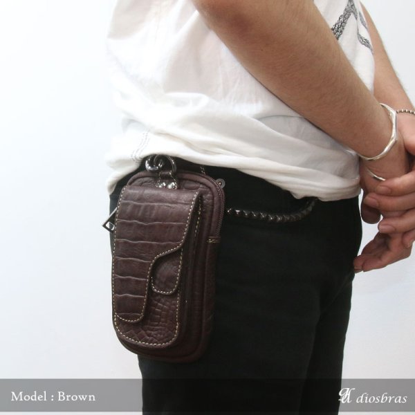 画像2: ウエストポーチ ウエストバッグ ヒップバッグ 本革 ベルトポーチ メンズ アイコスケース付き　IQOS ヒップバック ハンドメイド レザー ワニ革　鰐革 牛革 誕生日 ウェストポーチ バッグ ベルト通しウエストバッグ ウエストポーチ ポーチ 牛革型押し クロコダイル (2)