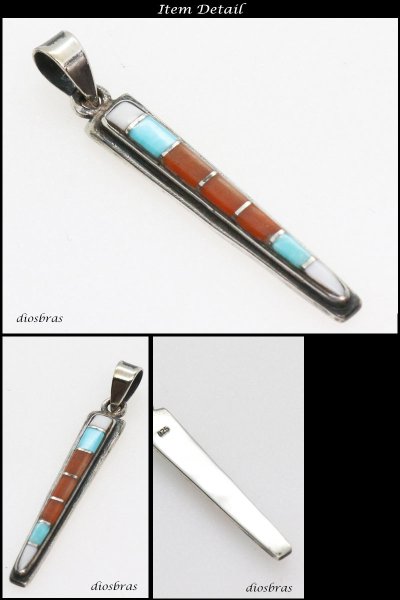 画像2: 【インレイ ペンダント トップ】美しいインレイワークのペンダント ホワイトターコイズ ターコイズ 赤珊瑚等をはめ込んだスクエアペンダント 天然ターコイズ/ネイティブアメリカン インディアンジュエリー/シルバー925/ ネックレス メンズ レディース (2)