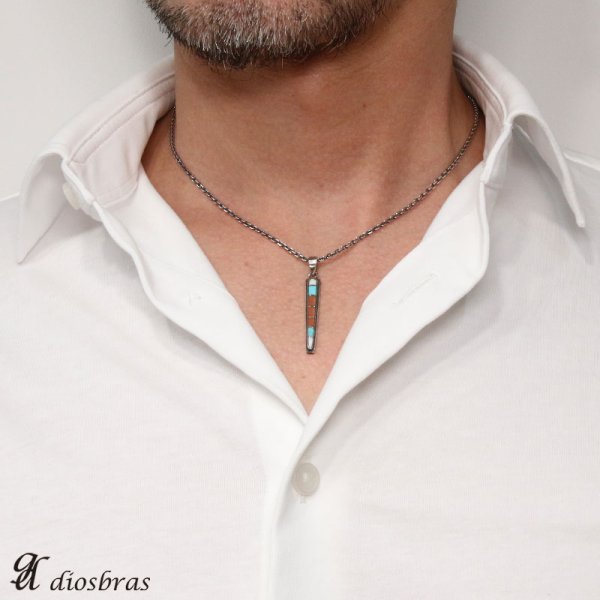 画像3: 【インレイ ペンダント トップ】美しいインレイワークのペンダント ホワイトターコイズ ターコイズ 赤珊瑚等をはめ込んだスクエアペンダント 天然ターコイズ/ネイティブアメリカン インディアンジュエリー/シルバー925/ ネックレス メンズ レディース (3)