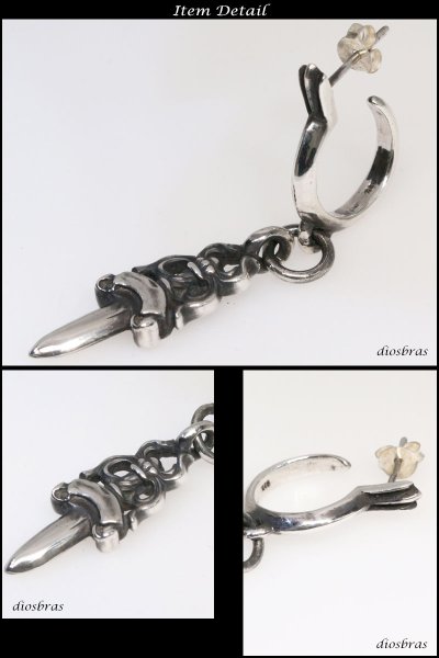 画像2: 【メンズピアス】【シルバーアクセサリー】【シルバーピアス】ダガー フープ ドロップピアス ●バラ売り(片耳のみ)【 メンズ|アクセサリー|ピアス|クロス・十字架|フレア・リリー・百合・ユリの紋章|ナイフ|剣 】 (2)