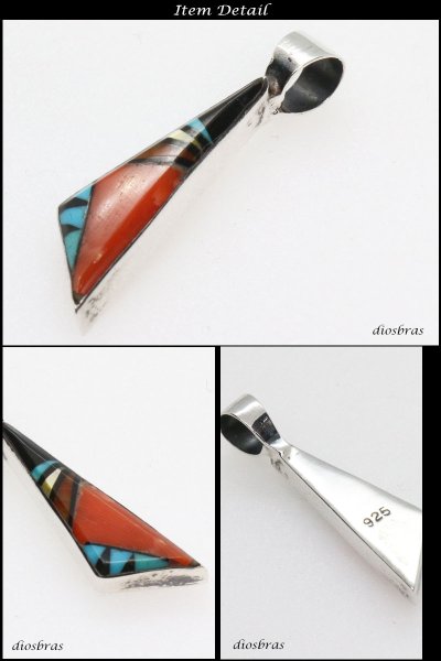 画像2: 【インレイ ペンダント トップ】美しいインレイワークのペンダント オニキス パウアシェル ターコイズ 赤珊瑚等をはめ込んだスクエアペンダント 天然ターコイズ/ネイティブアメリカン インディアンジュエリー/シルバー925/ ネックレス メンズ レディース (2)