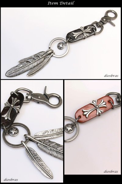 画像3: キーホルダー キーフック　キーチェーン　シルバー カラビナ レザー　革　レザー  十字架　クロス　フェザー　羽根　インディアンジュエリー　ネイティブアメリカン　亜鉛合金製　アンティークシルバー　バイカー　ライダース　【メール便送料無料】 (3)
