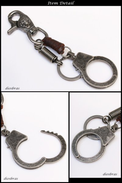 画像2: キーホルダー キーフック キーチェーン シルバー カラビナ レザー 革 レザー スカル ドクロ 骸骨 海賊 手錠キーホルダー ボーン 亜鉛合金製 アンティークシルバー バイカー ライダース 【メール便送料無料】 (2)