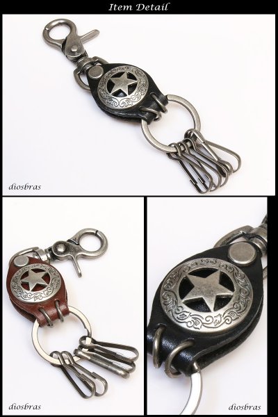画像3: キーホルダー キーフック　キーチェーン　シルバー カラビナ レザー　スター　アラベスク　スター　星　インディアンジュエリー　ネイティブ　革　レザー　亜鉛合金製　アンティークシルバー　財布　バイカー　ライダース　【メール便送料無料】 (3)