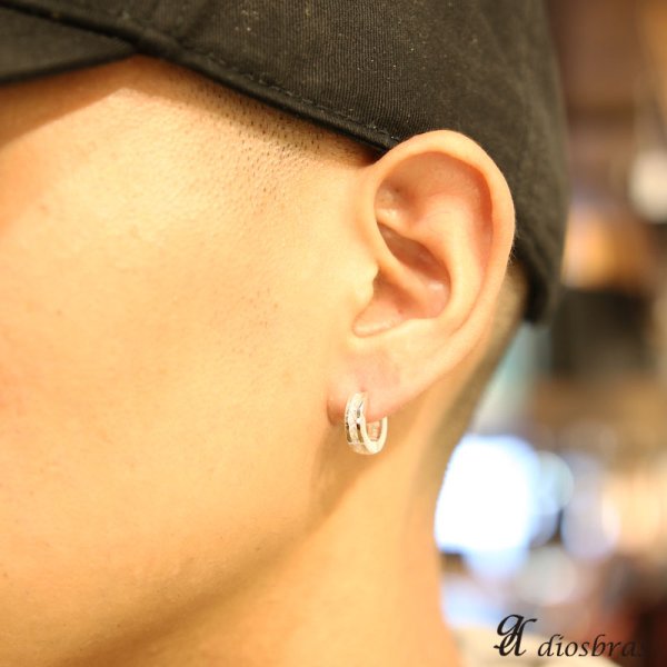 画像3: ジルコニア リング シルバー925 5ストーン ピアス メンズ レディース 激安ピアス イヤリング アクセサリー【フープ】流線形 本物シルバー925◇片方ピアス メンズ レディース 14mm 中折れ式 (3)