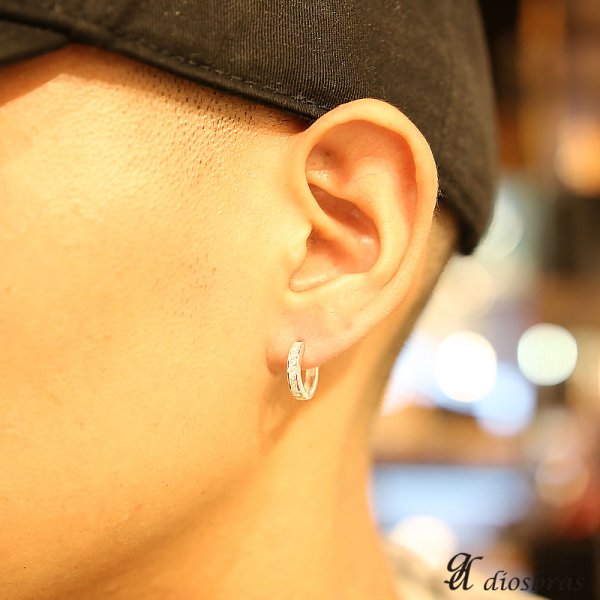 画像3: ジルコニア　リング　シルバー９２５ 5ストーン　ピアス メンズ レディース 激安ピアス イヤリング アクセサリー【フープ】流線形　本物シルバー９２５◇片方ピアス メンズ レディース 14mm 中折れ式 (3)