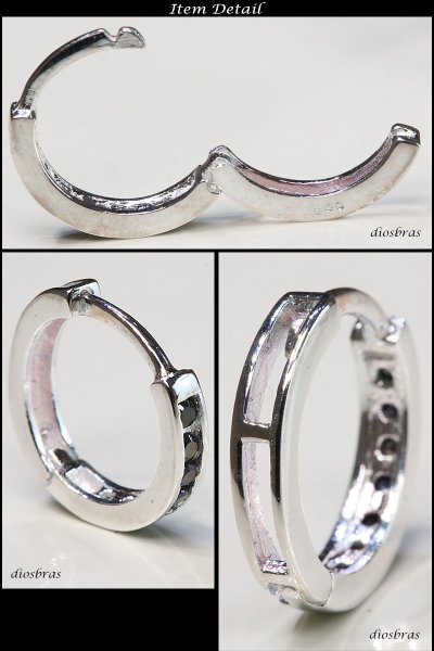 画像2: ブラックジルコニア リング シルバー925 5ストーン ピアス メンズ レディース 激安ピアス イヤリング アクセサリー【フープ】流線形 本物シルバー925◇片方ピアス メンズ レディース 13mm 中折れ式 (2)