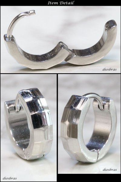 画像2: ステンレス フープピアス シルバー 金属アレルギー対応 メタル素材 シンプル  フープ ループ リング 輪っか ピアス アクセサリー メンズ レディース 中折れ式 13mm 光沢 カッティング エッジ ポリッシング (大)【メール便なら送料無料】 (2)