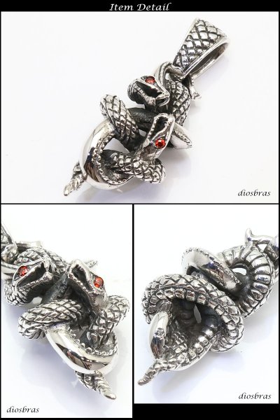 画像2: 【ペンダント トップ】ダブル スカル スネーク 蛇 ジルコニア 骸骨 ヘビ ブラック 十字架 ゴシック シルバー925ペンダント/ペンダント トップ シルバー 925/ネックレス/ ネックレス メンズ レディース【メール便なら送料無料】 (2)