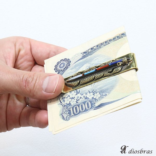 画像2: マネークリップ フェザー インレイ シェル ターコイズ 赤珊瑚 ラピス ゴールド プレーン 金 マネークリップ 財布 シンプル ジュエリー ウォレット マネークリップ  メンズ レディース 男女兼用 メダル シルバー925【メール便送料無料】 (2)