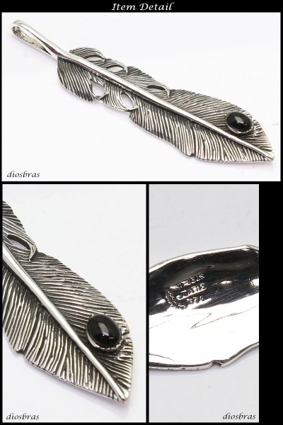 画像2: シルバー925【フェザー トップ】フェザーネックレス オニキス ハンドメイドネックレス/インディアンフェイス インディアンジュエリー・ネイティブ/シルバー925ペンダント/フェザー イーグル  パーツ ネックレス メンズ レディース≪深堀り≫ 【メール便なら送料無料】 (2)