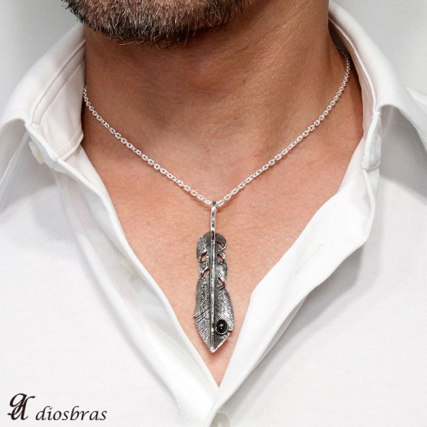 画像3: シルバー925【フェザー トップ】フェザーネックレス オニキス ハンドメイドネックレス/インディアンフェイス インディアンジュエリー・ネイティブ/シルバー925ペンダント/フェザー イーグル  パーツ ネックレス メンズ レディース≪深堀り≫ 【メール便なら送料無料】 (3)