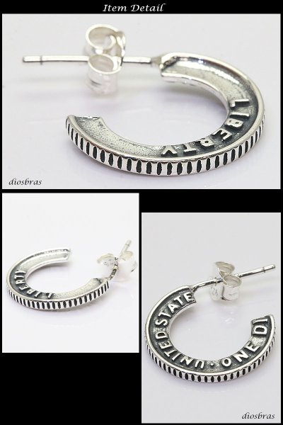 画像2: メンズピアス　フープ　リング　ピアス　リバティ―コイン　US アメリカ　コイン　イーグル　シルバーアクセサリー　シルバーピアス　バラ売り　シルバー925 片耳のみ　太陽神　サンマーク　フェザー　イーグル (2)