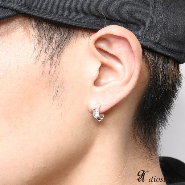 画像3: ジルコニア ライン フープ リング ピアス シルバー925 6ストーン ホワイト ピアス メンズ レディース 激安ピアス イヤリング アクセサリー【フープ】流線形 本物シルバー925◇片方ピアス メンズ レディース 12mm シンメトリー (3)