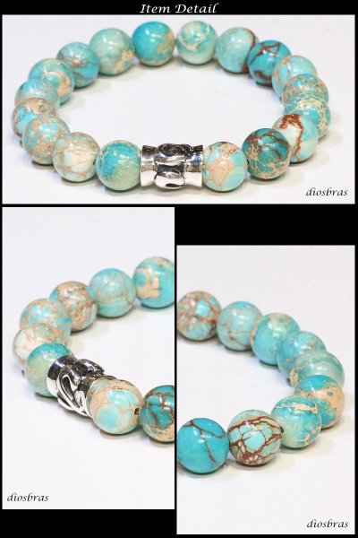 画像2: ハイグレード バリサイト ブレスレット 10ミリ玉 約10mm 唐草 アラベスク シルバー925 ビーズ 数珠【パワーストーン】【お数珠】【念珠】【天然石ブレス】【【風水グッズ 】【開運アイテム】【お守り】ターコイズ ユタナイト (2)