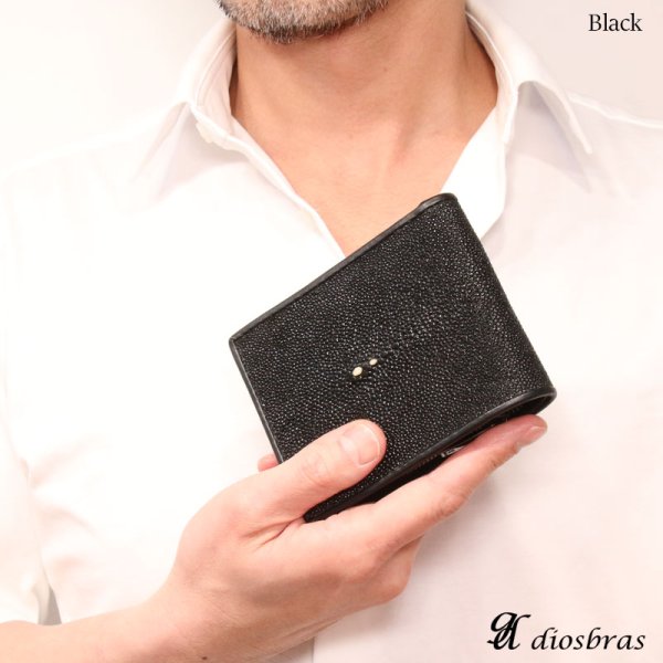 画像2: メンズ二つ折り ARES-アレス- レザーウォレット 本革 スティングレイ エイ革 ガルーシャ シンプルウォレット スリム 薄い 短財布 レザーウォレット 革財布 皮財布 ショートウォレット ウォレット 紳士財布 婦人財布 サイフ 二つ折り財布 メンズ レディース 財布 L型コインファスナー (2)