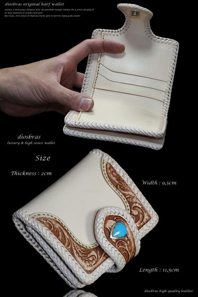 画像5: メンズ二つ折り財布 バイカーズウォレット レザーウォレット ショートウォレット 本革 サドルレザー カービング メンズ短財布  レザーウォレット シルバー925コンチョ 革財布 皮財布 二つ折り財布 天然皮革 プレゼントメンズ レディース 財布 お財布 ヌメ革 ナチュラル (5)