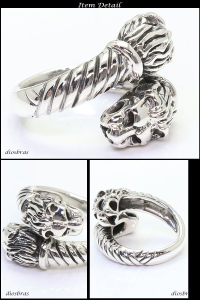画像2: シルバーリング ライオン 獅子 ダブル ライオンヘッドリング シルバーアクセサリー スカル ボーンハンド ドクロ スカルリング  メンズ シルバーリング 指輪 シルバー925  フリーサイズ【メール便なら全国送料無料】 (2)