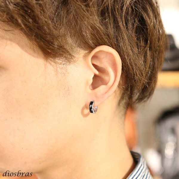 画像2: 本物 シルバー925 オニキス ターコイズ RING フープピアス 片方ピアス メンズ レディース 多角カッティング ≪小≫1個売り (2)