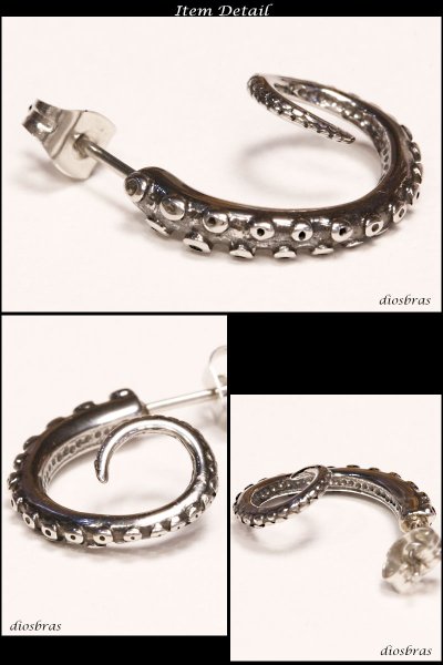 画像2: ステンレス タコ足 オクトパス 蛸足 たこ足 リング フープ ピアス  シルバー 金属アレルギー対応 メタル素材  リング  ピアス アクセサリー  メンズ  レディース  片耳 1個売り (2)