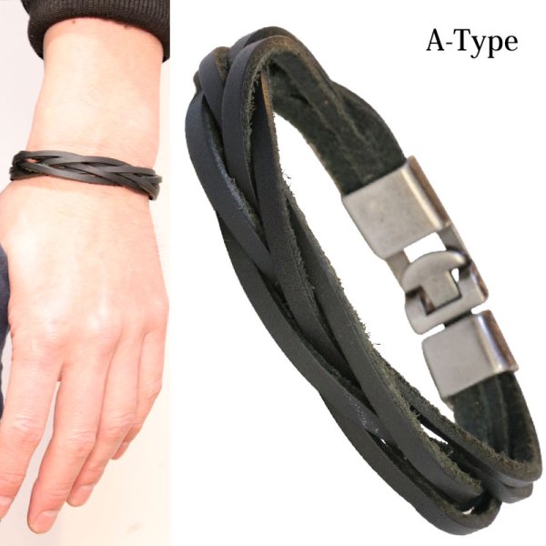 画像2: ブレスレット メンズ ブレスレット メンズ レザー ブレス   メール便送料無料   選べる♪全8種類 本革 革 バングル レザーブレスレット レザーブレス アメカジ系 サロン系 キレカジ系 に♪　4本編み 二連　３連 (2)