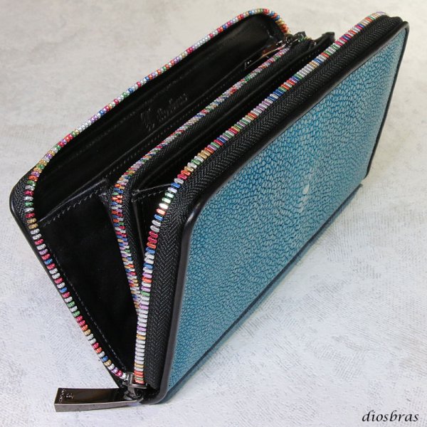 画像14: 匠プレミアムシリーズ VALENA-ヴァレナ- 財布 ラウンドファスナー メンズ レディースマルチカラーファスナー 本革 カットスティングレー エイ革  大容量 ラウンドファスナー ウォレット ガルーシャ ラウンド ジッパー ZIPPER 財布 ヌメ革 レザーウォレット ロングウォレット バイカー 長財布 牛革 紳士 婦人 シーブルー (14)