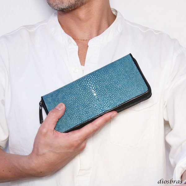 画像17: 匠プレミアムシリーズ VALENA-ヴァレナ- 財布 ラウンドファスナー メンズ レディースマルチカラーファスナー 本革 カットスティングレー エイ革  大容量 ラウンドファスナー ウォレット ガルーシャ ラウンド ジッパー ZIPPER 財布 ヌメ革 レザーウォレット ロングウォレット バイカー 長財布 牛革 紳士 婦人 シーブルー (17)