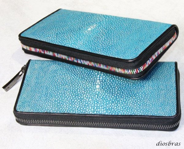 画像8: 匠プレミアムシリーズ VALENA-ヴァレナ- 財布 ラウンドファスナー メンズ レディースマルチカラーファスナー 本革 カットスティングレー エイ革  大容量 ラウンドファスナー ウォレット ガルーシャ ラウンド ジッパー ZIPPER 財布 ヌメ革 レザーウォレット ロングウォレット バイカー 長財布 牛革 紳士 婦人 シーブルー (8)