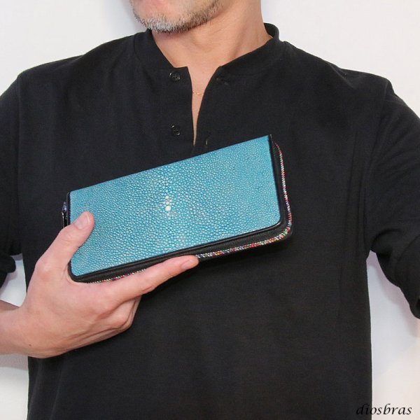 画像2: 匠プレミアムシリーズ VALENA-ヴァレナ- 財布 ラウンドファスナー メンズ レディースマルチカラーファスナー 本革 カットスティングレー エイ革  大容量 ラウンドファスナー ウォレット ガルーシャ ラウンド ジッパー ZIPPER 財布 ヌメ革 レザーウォレット ロングウォレット バイカー 長財布 牛革 紳士 婦人 シーブルー (2)