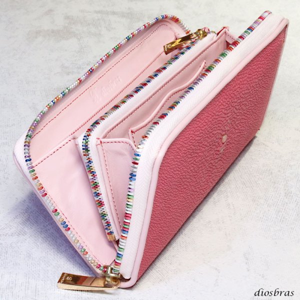 画像14: 匠プレミアムシリーズ VALENA-ヴァレナ- 財布 ラウンドファスナー メンズ レディースマルチカラーファスナー 本革 カットスティングレー エイ革  大容量 ラウンドファスナー ウォレット ガルーシャ ラウンド ジッパー ZIPPER 財布 ヌメ革 レザーウォレット ロングウォレット バイカー 長財布 牛革 紳士 婦人 ピュアピンク (14)