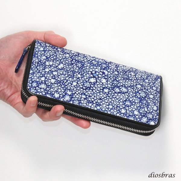 画像2: 財布 ラウンドファスナー スティングレイ メンズ レディース 本革 スティングレー スター エイ革 梅花皮 かいらぎ イバラエイ ウォレット ガルーシャ ラウンド ジッパー スタースティングレー レザーウォレット ロングウォレット バイカー 長財布 牛革 ハンドメイド ネイビーブルー (2)