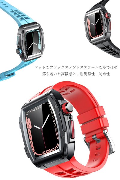 画像4: apple watch アップルウォッチ  バンド ステンレス ケース カバー 一体型 バンド ラバー 高級ベルト ケースバンド メンズ ベルト ステンレス 44mm  45mm 一体型 おしゃれ 腕時計  クロコダイル レザーストラップ  Series4/5/6/7/8/SE (4)