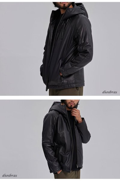 画像3: 最強   本革 羊革 羊皮 ラム シープ スキン レザー ダウン ジャケット　フード フーデット　フーディースポーティ  ライダース バイカー メンズ レザー メンズ ブラック ブラウン レザージャケット  シープ タイト  diosbras-ディオブラス (3)