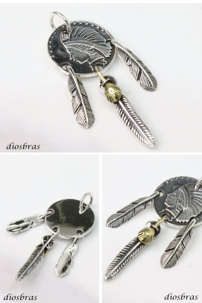 画像2: シルバー925 フェザー トップ コイン 3連 フェザーネックレス ハンドメイドネックレス インディアンフェイス インディアンジュエリー ネイティブ シルバー925ペンダント イーグル  パーツ ネックレス メンズ レディース 深堀り仕上げ (2)