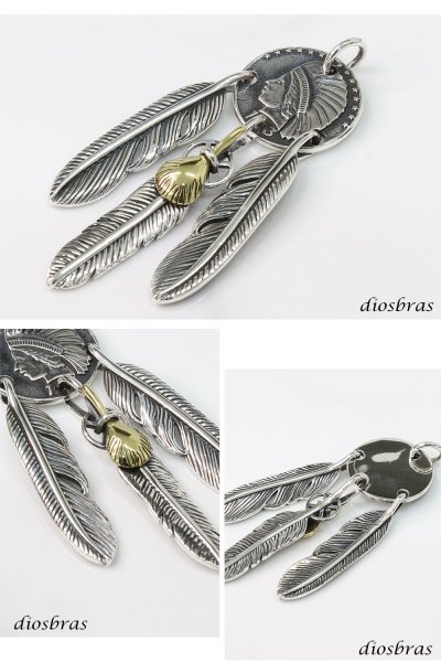 画像2: シルバー925 フェザー トップ コイン 3連 フェザーネックレス ハンドメイドネックレス インディアンフェイス インディアンジュエリー ネイティブ シルバー925ペンダント イーグル  パーツ ネックレス メンズ レディース 深堀り仕上げ (2)