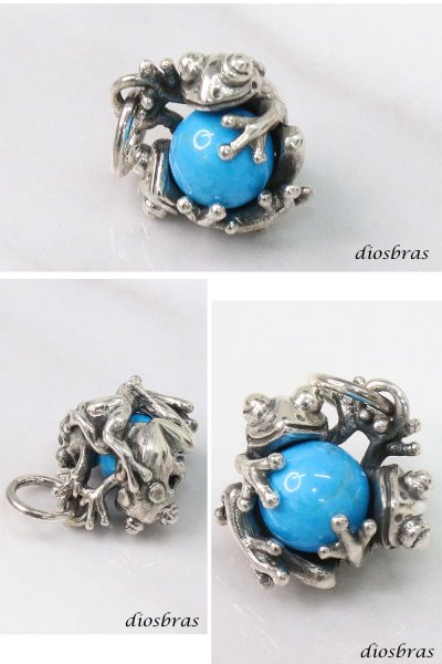 画像2: カエル 蛙 ペンダント トップ ターコイズ トルコ石 ゴシック シルバー925ペンダント ペンダント トップ シルバー 925 ネックレス  ネックレス メンズ レディース (2)